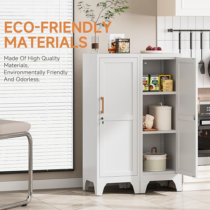 Bestoo Metal Locking Cabinet, 46" H Storage Locker with 1 Magnetic Door and 2 Adjustable Shelves, 3-Tier White Storage Cabinet for Bathroom, Kitchen, Pantry, Home, Office, Garage