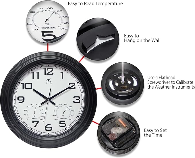 Infinity Instruments Classique Wall Clock, Modern Indoor/Outdoor All Weather Wall Clock, Sleek and Bold Design, 18-inch Display, Black