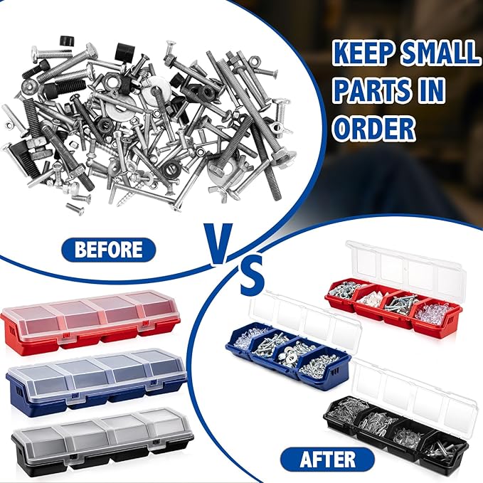 Hushee 6 Pcs Screw Organizer Box with Lid 4 Compartments Tool Bin Divider Plastic Stackable Hardware Organizer Small Part Storage Sorting Screw Box for Garage Workbench Craft Storage (Blue,Red,Black)