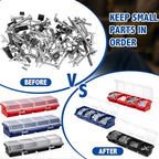 Hushee 6 Pcs Screw Organizer Box with Lid 4 Compartments Tool Bin Divider Plastic Stackable Hardware Organizer Small Part Storage Sorting Screw Box for Garage Workbench Craft Storage (Blue,Red,Black)