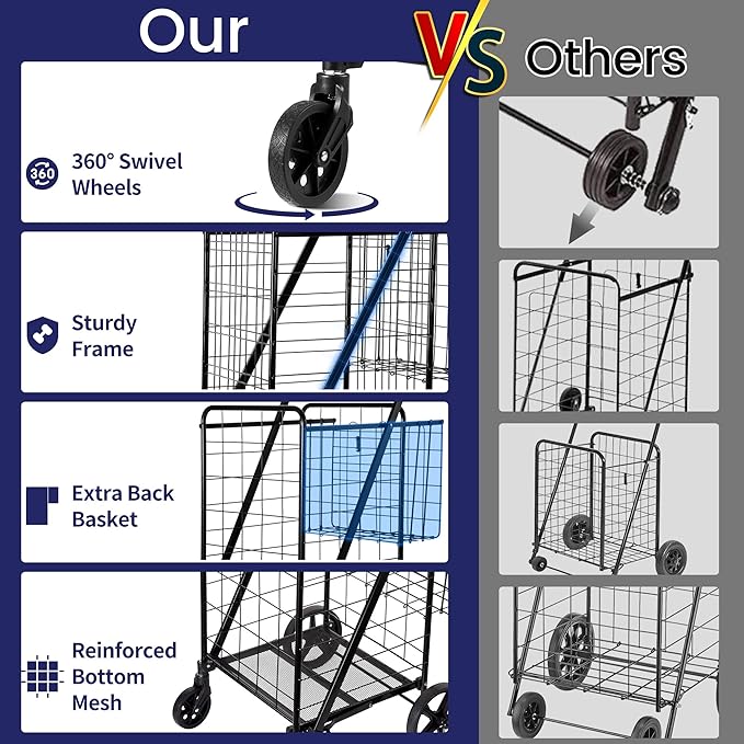 Folding Shopping Cart with Waterproof Liner, Grocery Cart Large Bag with Top Cover, 400 Lb Capacity, Utility Cart with 360° Rolling Swivel Wheels, Extra Large & Extra Basket