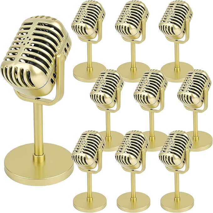 10 Pack Retro Microphone Props Fake Microphone Model with Stand Classic Vintage Plastic Antique Mic Table Decor for Halloween Party Decoration Rock Hip Hop Music Prop Pretend Play (Golden)