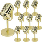 10 Pack Retro Microphone Props Fake Microphone Model with Stand Classic Vintage Plastic Antique Mic Table Decor for Halloween Party Decoration Rock Hip Hop Music Prop Pretend Play (Golden)