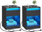 VASAGLE Set of 2 LED Nightstands with Charging Station, Adjustable Colors, 2 AC Outlets, 2 USB Ports, Bedside Tables, Side Tables with Drawer, 13.8 x 15.7 x 21.7 Inches, Ebony Black ULET918T21