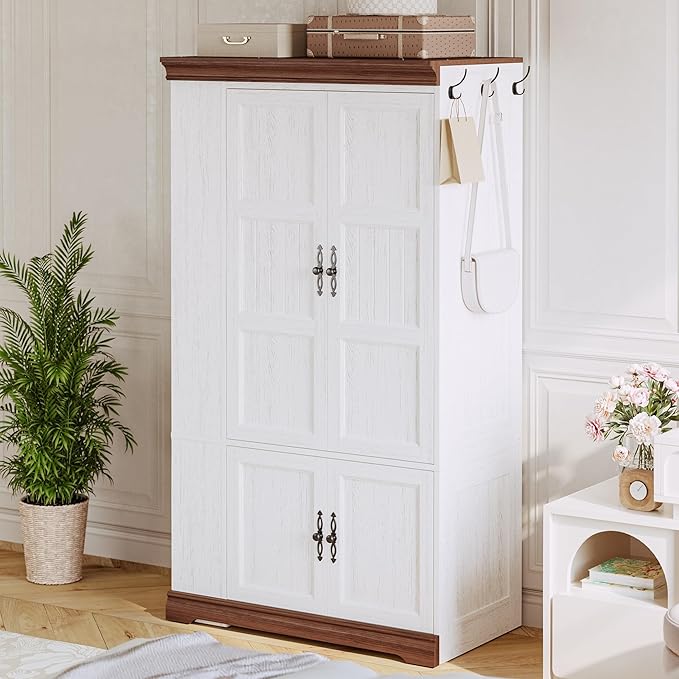 IRONCK Armoire Wardrobe Closet with Side Half Mirror, 70" Freestanding 4-Door Storage Cabinet for Bedroom, Features Side Hooks, Open Compartments, Hanging Rod & Shelves, White Armoire