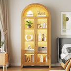 Vlsrka 71" Arched Display Cabinet with Glass Doors, Curio Cabinet with LED Light & Human Sensor, 5-Tier Display Cases for Collectibles, Storage Cabinet with Ajustable Shelf for Living Room(Wood)