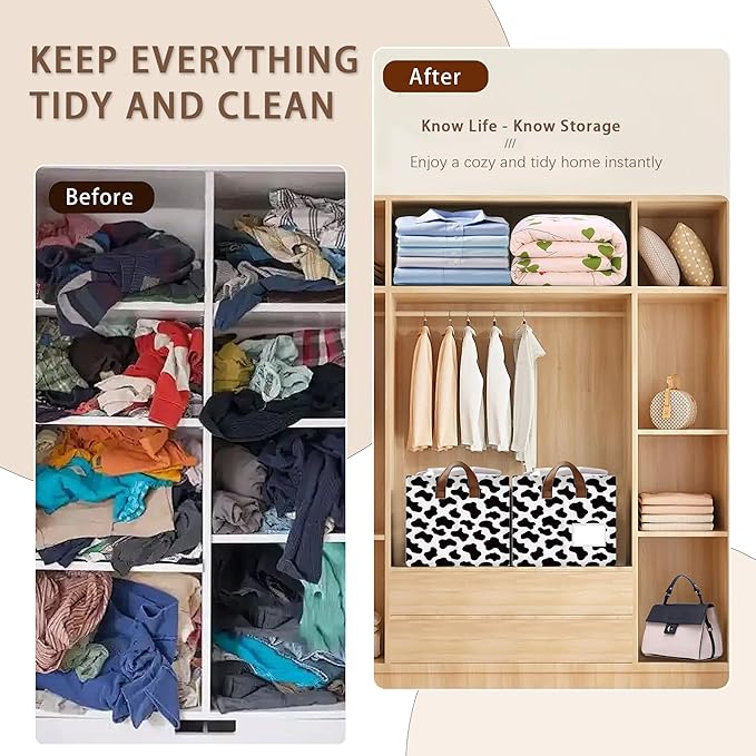 Cow Pattern Storage Basket Large 17x11.5x10.5 Inche-Collapsible Fabric Organizer Bin with Handles for Nursery, Farmhouse Decor, Toys-Foldable Decorative Hamper with Animal Print Design-Single Pack