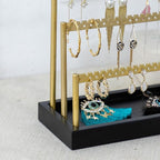 SANY DAYO HOME 3-Tier Earring Holder Organizer Stand, 105 Holes Gold Metal Earring Rack Jewelry Display Tree with Black Wood Tray for Women and Girls