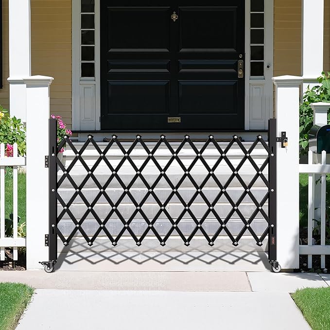 VEVOR Single Folding Security Gate, Lockable Scissor Gate with 360° Swivel Casters, Outdoor Barricade Steel Retractable Gates, for Entry Security, Garage, Warehouse & Pool, 74.80 x 51.57 in (W x H)