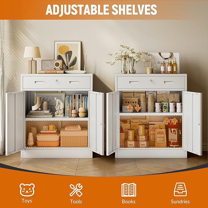 BESFUR 36" H Metal Cabinet with Lockable Drawer and 2 Lockable Doors, White Locking Cabinet with Adjustable Shelf, Lockable Storage Cabinet for Home Office, Garage,School, Warehouse, Utility Room