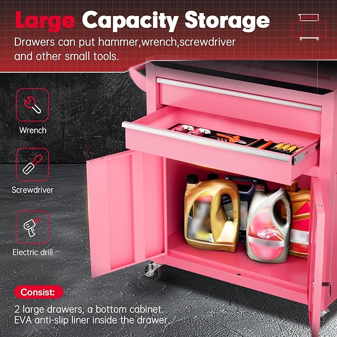 Superday Metal Tool Chest, 8 Drawer Rolling Tool Chest with Wheels, Detachable Tool Storage Cabinet with Lock for Garage, Steel Tool Cart with Liner & Hooks for Workshop, Warehouse (Pink)