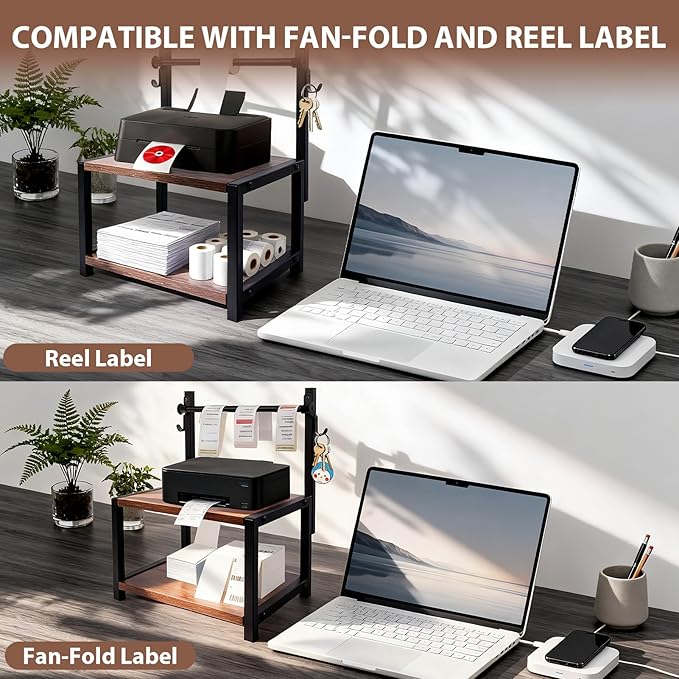 Label Holder for Rolls and Fan-Fold Labels - Wood Thermal Sticker Holder for Desktop with Hook,Shipping Label Dispenser Stand for Home Office and Small Businesses