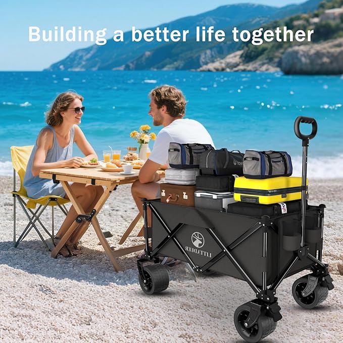 Wagons carts Foldable with Silent All-Terrain Wheels, Collapsible Heavy Duty Beach Wagon with Cup Holders and Brakes, Large Foldable Wagon for Camping,Garden,Shopping,Sports Black