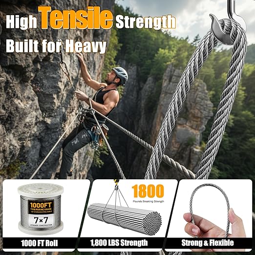 AHEONLAR 1000FT 1/8" T316 Stainless Steel Cable for Railing,7x7 Wire Rope with Cutter,1850 lb Breaking Strength,Deck Stair Fence Hardware Kit for Indoor Outdoor Use,Silver
