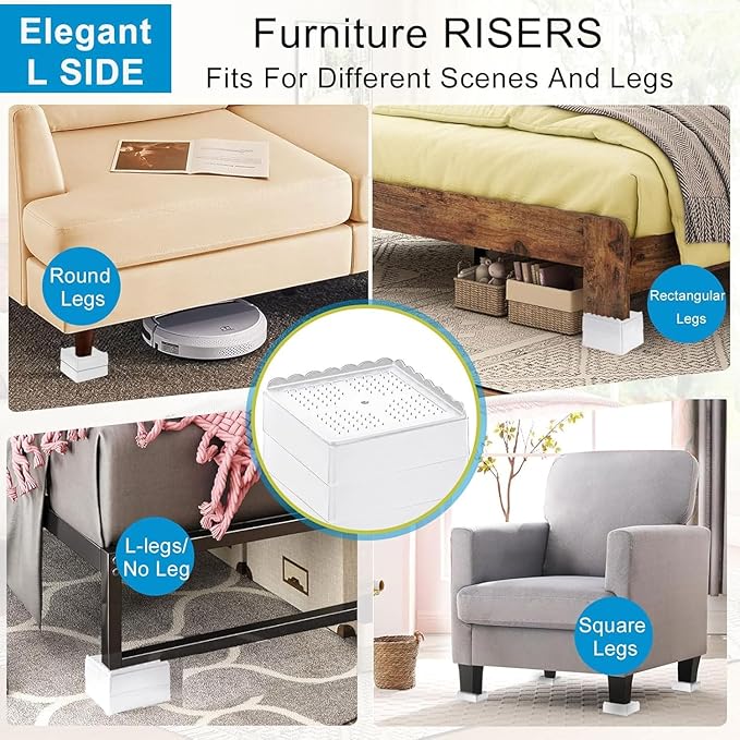 Bed Risers 1 inch, 2 inch, 3 inch, 4 inch Heavy Duty, Adjustable Furniture Riser for Table Desk Couch Sofa Chair Recliner Leg Frame Dorm, Stackable Bed Raisers Blocks (White 4 Pack, 1+1 inch)