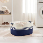 60L Large Laundry Basket with Leather Handles for Living Room Storage, Woven Rope Baskets Bin for Blanket, Kids Toy, Gifts, Wicker Hamper for Bedroom Dirty Clothes, 21"x15"x11" White Navy