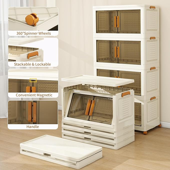 Plastic Stackable Storage Bins with 2 Lids and Wheels, 273.6QT-45.6QT*6Tier Foldable Closet Organizers and Containers, Collapsible Clear Drawer Storage Cabinet with Doors Ivory White