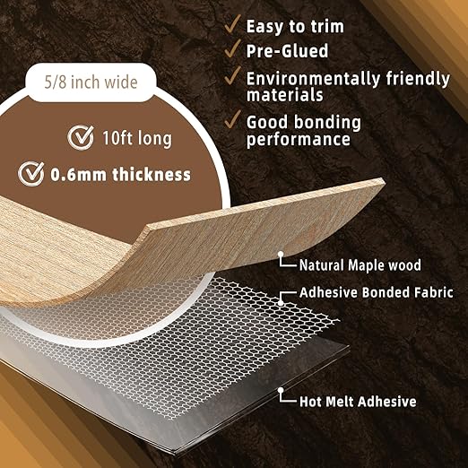 GSCIT Club Maple Edge Banding, 5/8 inch x 10ft roll of Veneer Edge Banding - Pre-glued Flexible, Real Wood Tape for Cabinet Repair & Furniture Restoration