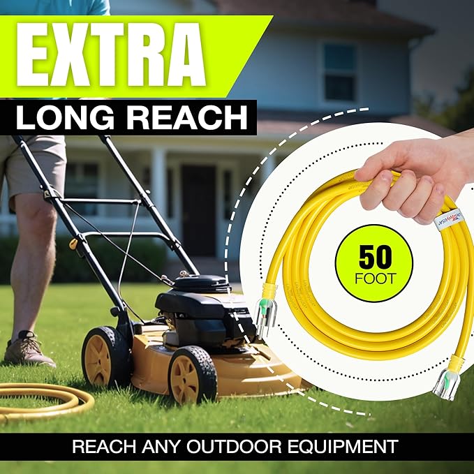 50ft Outdoor/Indoor Extension Cord 14/3 Gauge Heavy Duty 3 Prong SJTW, Waterproof, Flexible Cold-Resistant Long Power Cord,15A 125V 1875W, Yellow by LifeSupplyUSA