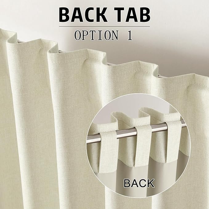 Cream Beige Linen Full Blackout Curtains 108 Inch Length 2 Panels Set for Living Opaque Privacy Back Tab Thermal Insulated 100% Black Out Room Darkening 9ft Window Curtain Drapes 108 Inches Long