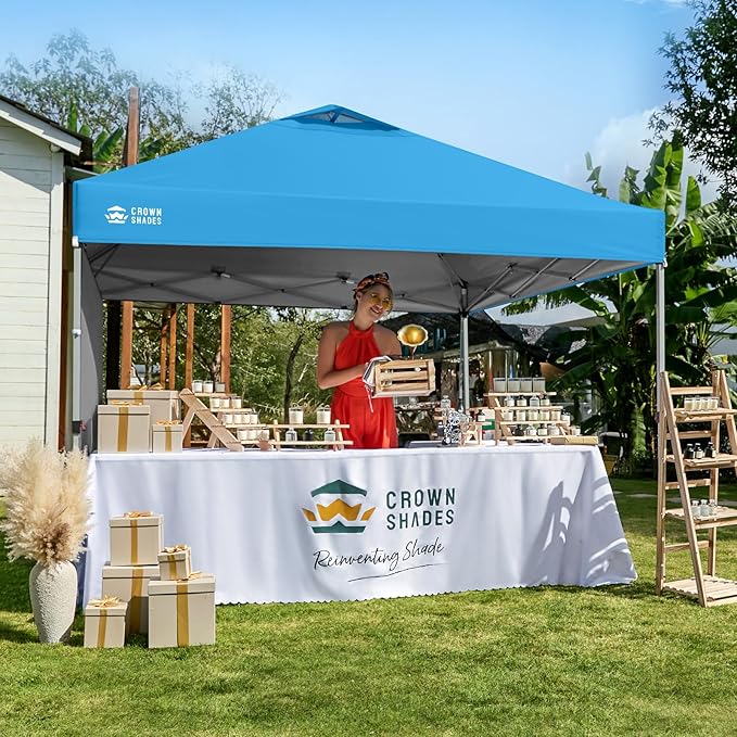CROWN SHADES 10x10 Pop Up Canopy with 1 Side Wall - Beach Tent with One Push Setup - Outdoor Sun Shade for Events, Parties, Camping - Gazebo with STO-N-Go Cover Bag (Cyan Blue)