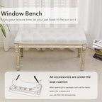 LOULENS French Vintage Bench, Linen Fabric Entryway Bench, Upholstered Tufted End of Bed Bench with Brushed Wood Legs, White