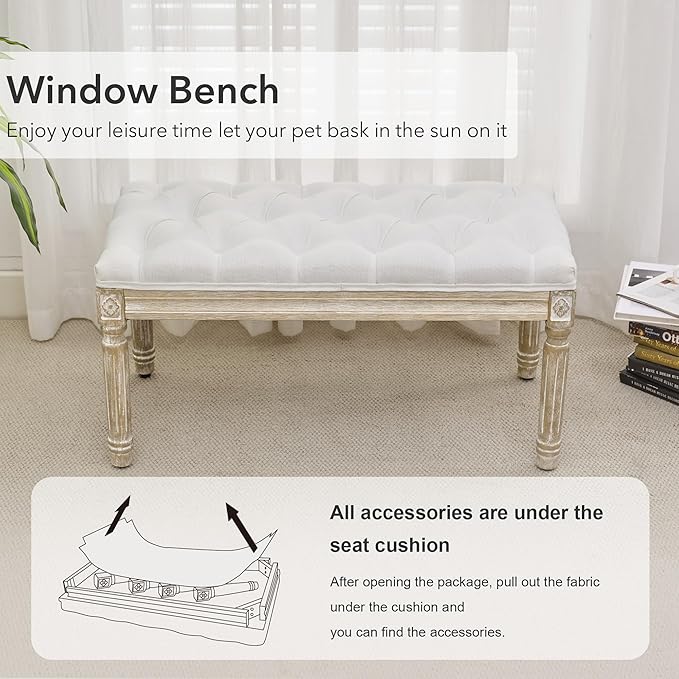 LOULENS French Vintage Bench, Linen Fabric Entryway Bench, Upholstered Tufted End of Bed Bench with Brushed Wood Legs, White