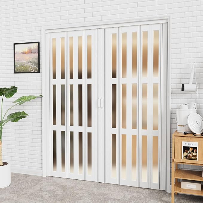 73-96 x 80in (Double 37-48) Accordion Doors Interior Folding Door, 3 Frosted Acrylic Glass PVC Accordion Door with Upgraded Roller & Handle & Complete Hardware for Closet Bathroom Doorways