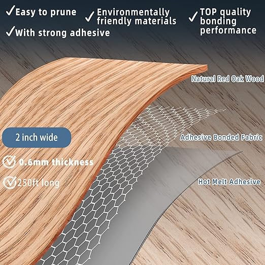 Red Oak Edge Banding, 2 inch x 250ft roll of Veneer Edge Banding - Pre-glued Flexible, Real Wood Tape for Cabinet Repair & Furniture Restoration