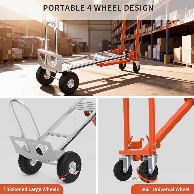 3-in-1 Folding Hand Truck, 800lbs Aluminum Convertible Hand Truck, Dolly for Moving,Heavy Duty Industrial Platform Cart Handtruck for Construction, Logistics, Shopping, Home, Office Moving (Orange)