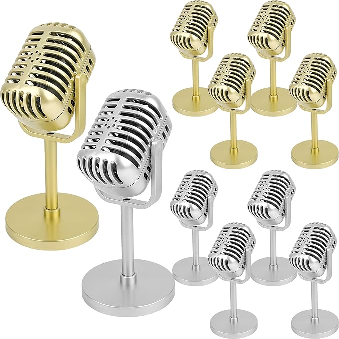 10 Pack Retro Microphone Props Fake Microphone Model with Stand Classic Vintage Plastic Antique Mic Table Decor for Halloween Party Decoration Rock Hip Hop Music Prop Pretend Play (Golden and Silver)