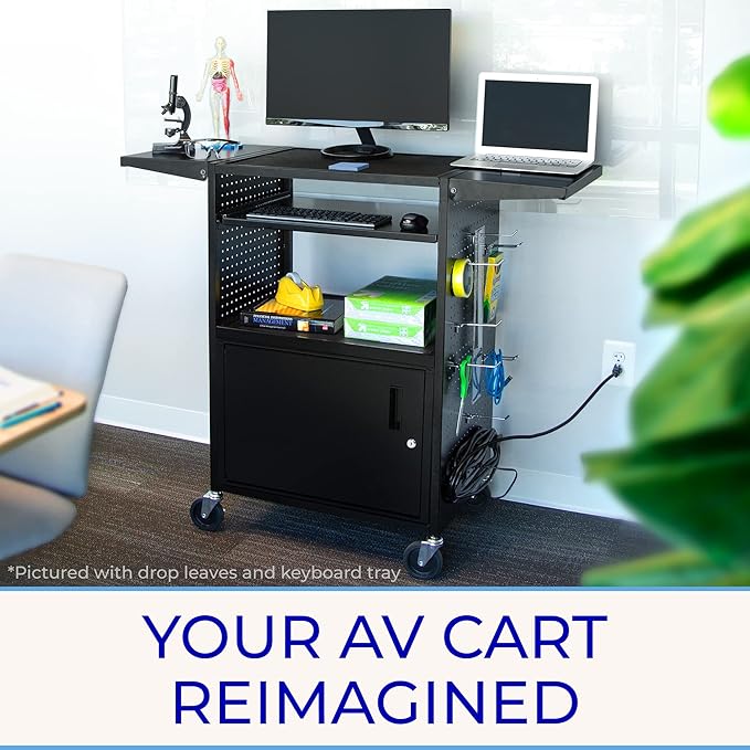 Line Leader Stellar AV Cart - Computer Cart with Customizable Pegboard & Hooks, Locking Cabinet, UL Certified Power, Mobile Workstation with Locking Wheels, Ideal for Laptop & Charger Storage