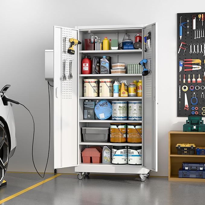 Garage Storage Cabinet with Wheels & Pegboard, 71" H x 34" W x 18" D Locking Metal Storage Cabinet with 2 Doors and 5 Adjustable Shelves for Garage Workshop Home, White, Assembly Required