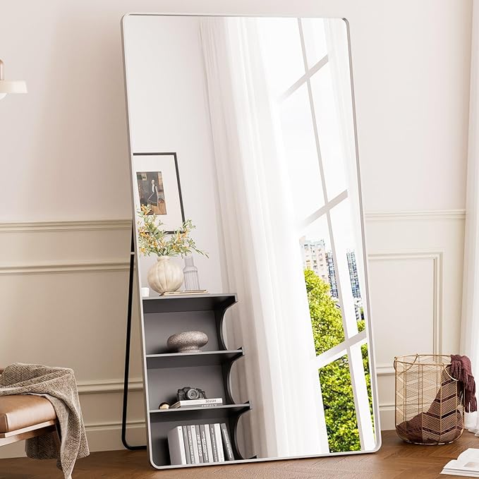brisafe Full Length Mirror with Stand, 71"x40",Aluminum Alloy Frame Floor Mirror,Tempered Glass - Free Standing, Leaning Against Wall or Wall-Mounted, for Bedroom Living Room Dressing Room(Silver)