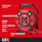 CRAFTSMAN 75 Ft Retractable Extension Cord Reel with 4 Outlets, On/Off Switch, Light Indicator & Heavy-Duty 14AWG SJTW Cable, CSA Certified Outdoor Cord Reel