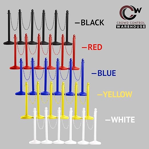 Montour Line Plastic Stanchion Yellow 2.5 Inch Diameter with 50 Foot Chain, 6-Pack, Crowd Control Barriers