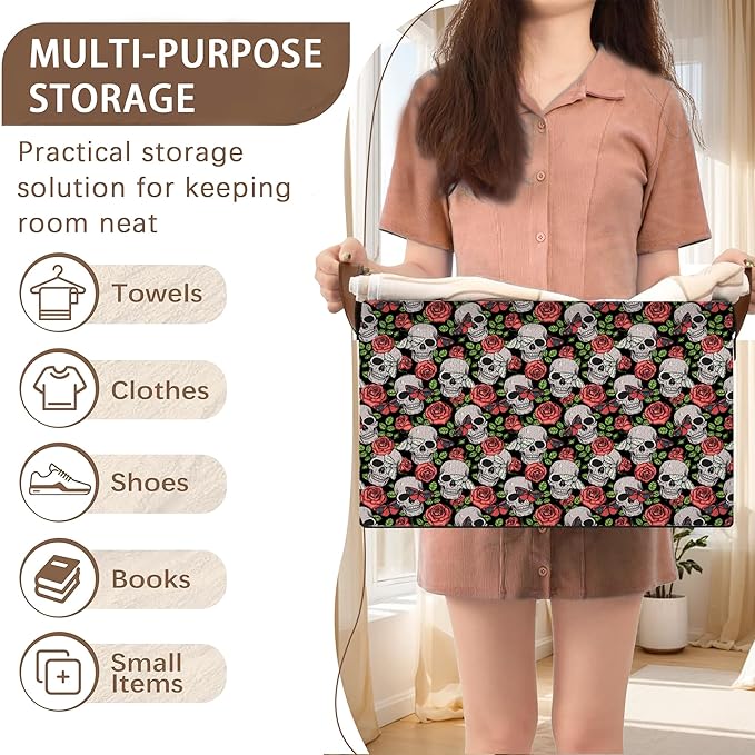 Skull Flower Pattern Collapsible Storage Bin-17x11.5x10.5 Inch Foldable Organizer for Halloween Decor, Gothic Room, Under Bed Storage-Single Pack