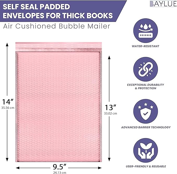 Light Pink 10x13 Inch Poly Bubble Mailers |Self Seal Padded Envelopes for Thick books | Cushioned Bubble Mailer | Usable Size 9.5x13 Inch | Waterproof Lightweight Mailing Shipping Bags | 100 Pack Bulk