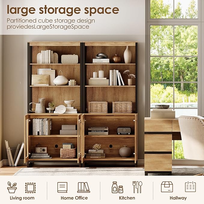 WAMPAT 2 PCS Modern 72" Tall Bookcases with Glass Doors and Adjustable Shelves, Library Book Shelf with Storage Cabinet and Open Book Shelfs, Wood Bookshelves for Home Office, Living Room, Oak