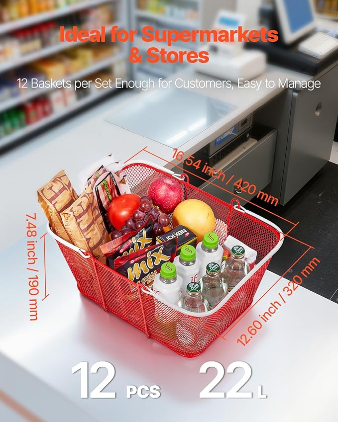 VEVOR Shopping Baskets, 12 PCS, 22L Stackable Metal Grocery Baskets with Handles, Dense Mesh Structure, Holds up to 44 lbs, Portable for Grocery, Retail, Stores, Supermarket, Bookstore, Home Use, Red