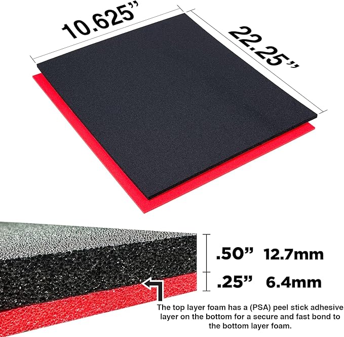 5S TOOL BOX SHADOW FOAM ORGANIZERS (2 COLOR) FITS CRAFTSMAN WATERLOO and HUSKY TOOL CHESTS (10.625" x 22.25", Black Top/Red Bottom)