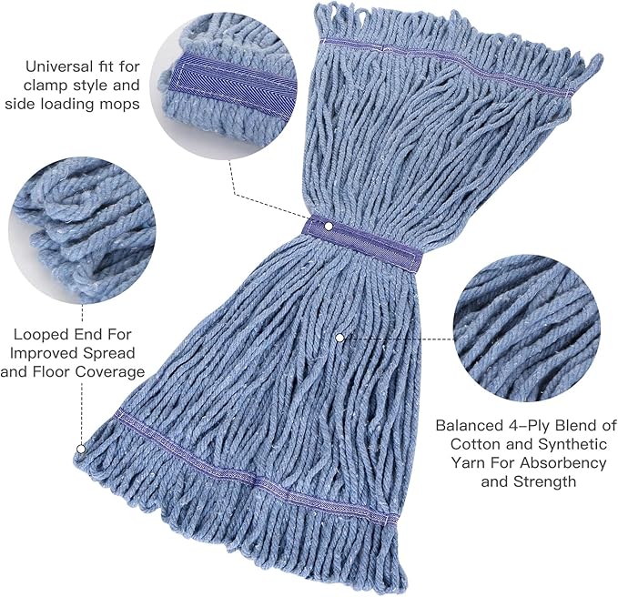 Commercial Mop Head Replacement,Industrial Wet Mop Refills with Cotton Looped End String for Floor Cleaning Heavy Duty,Pack of 3,Blue