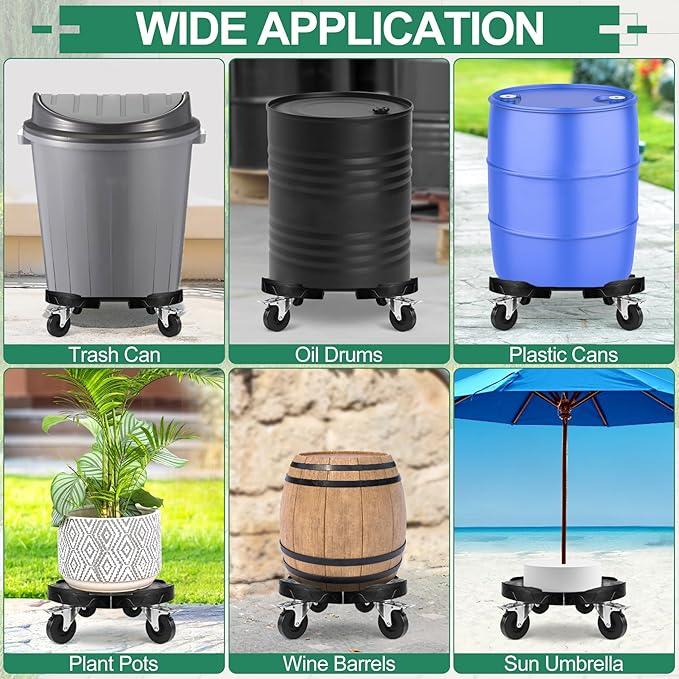 ToLanbbt Trash Can Dolly with 3 in Upgraded Wheels, 15-19 in Adjustable Round Furniture Dolly, Heavy Duty 480 LBS Drum Rolling Base, Keg Dolly for 20, 32, 44, 55 Gallon Garbage Cans, Black, 1 Pack