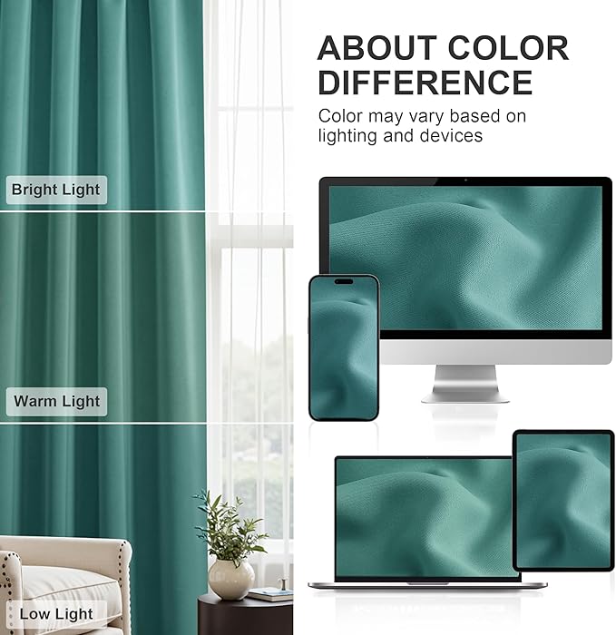 PONY DANCE Blackout Curtain Panels - 42 x 72 inches Long Sea Teal Window Drapes Light Block Room Darkening Draperies Thermal Insulated Energy Saving for Home Modern Style, 2 PCs
