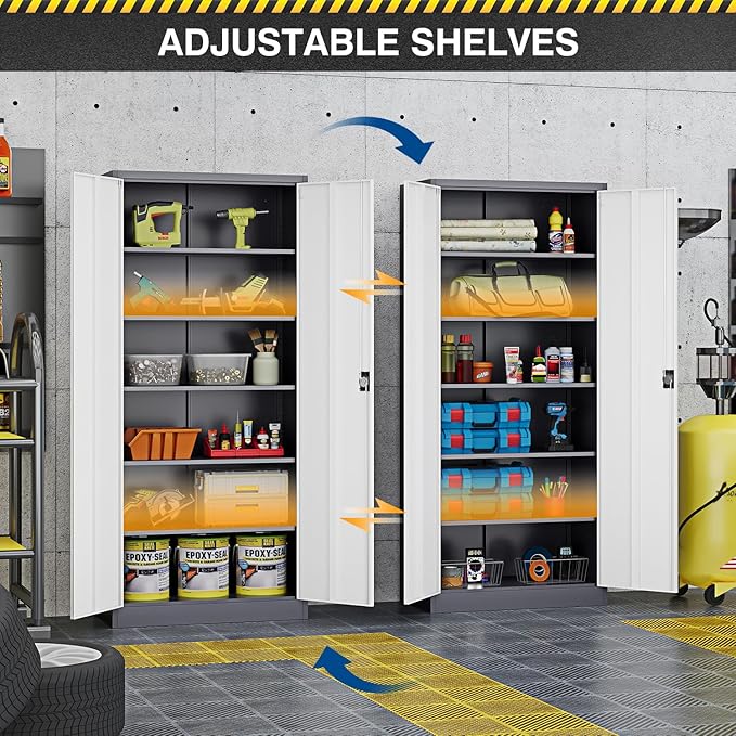 Metal Storage Cabinet-72” Tall Steel File Cabinets with Lockable Doors and Adjustable Shelves-White&Gray Steel Storage Cabinet for Home Kitchen, Office, Garage
