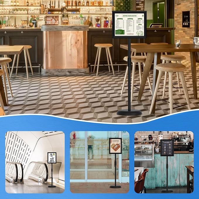 Adjustable Sign Holder Stand 8.5x11 inch, Floor Standing Sign Holder, 360° Rotation, Signage Stand with Snap-Open Frame Display, Outdoor Indoor Standing Display Sign Holders for advertising