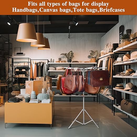 Shimeyao Metal Shopping Bag Rack 51-71 Inch Adjustable Height Heavy Duty Bag Display Stand Holder for Vendors with 4 Foldable Arms for Malls, Boutique, Trade Show, Craft Fairs(Gray)