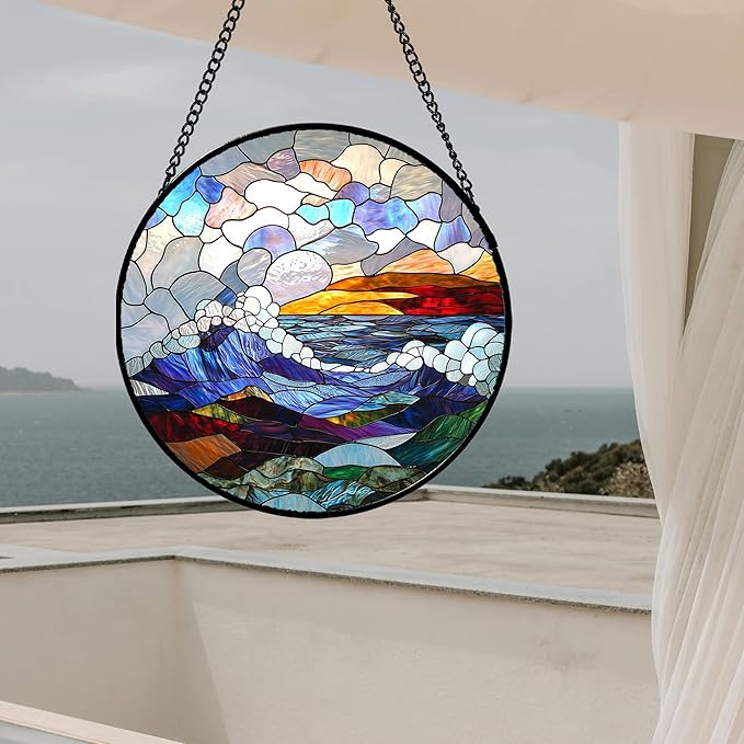 Stained Glass Window Hanging, Abstract Colorful Ocean Waves Landscape Suncatcher for Doors Window Home Sun Catchers Decor Mother's Day Birthday Gifts for Women, Men Mom 6.3 in