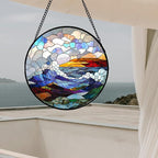 Stained Glass Window Hanging, Abstract Colorful Ocean Waves Landscape Suncatcher for Doors Window Home Sun Catchers Decor Mother's Day Birthday Gifts for Women, Men Mom 9.8 in