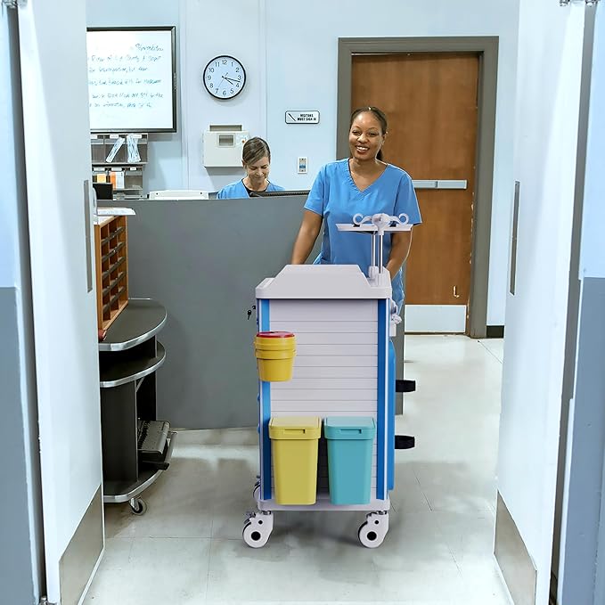 Adjustable Rolling Medical Storage Crash Cart - Includes Silent Casters, IV Pole, Needle Disposal Holder, Trash Bin & O2 Holder - Ideal Nursing Trolley for Clinics, Hospitals